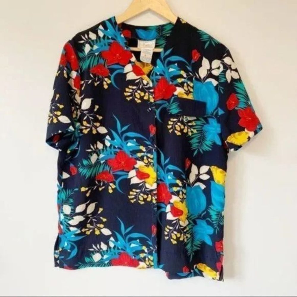 Vintage retro bright floral print Hawaiian shirt L